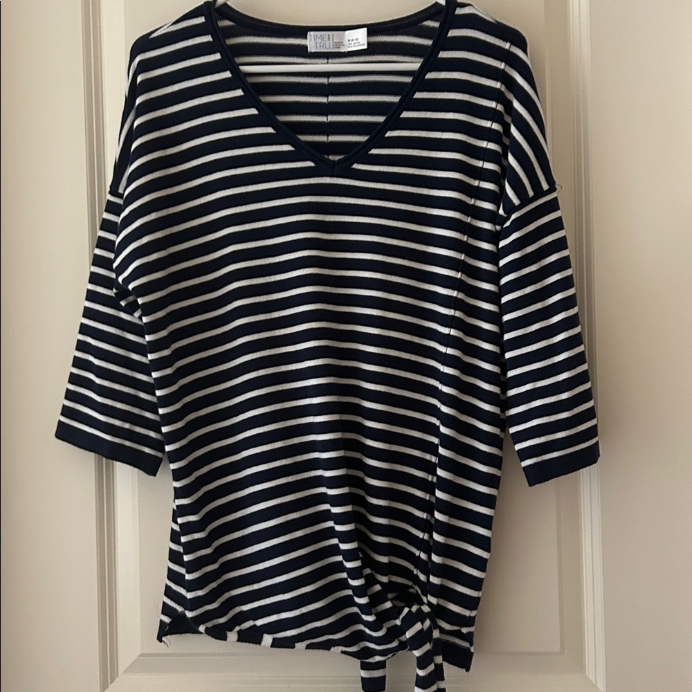 TIME and TRU Striped Side Tie Sweater V-Neck 3/4 sleeves lightweight size M 8-10